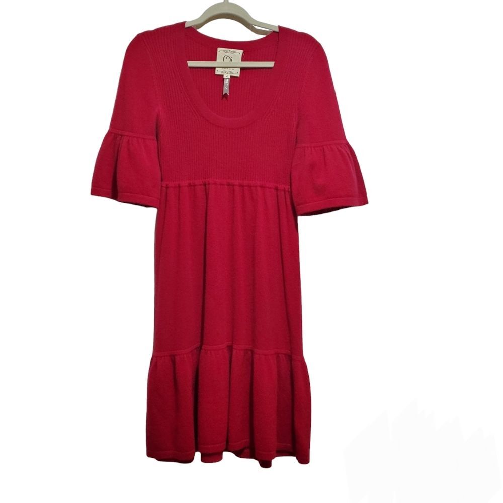 Qi 100% Cashmere Ruffle Short Sleeve Ruffle Hem Burgundy Red Dress Size L